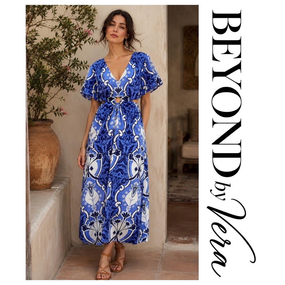 Beyond By Vera Giselle Como Blue Cut Out Maxi Dress Beach Coastal Resort Size L